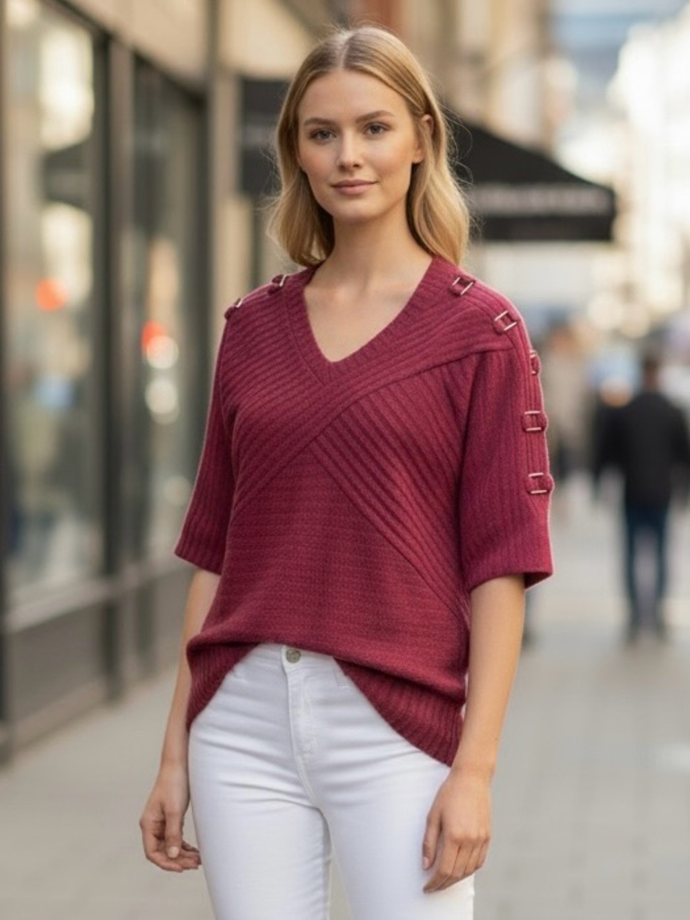 V-Neck Short Sleeve Knit Sweater in Berry/Brick